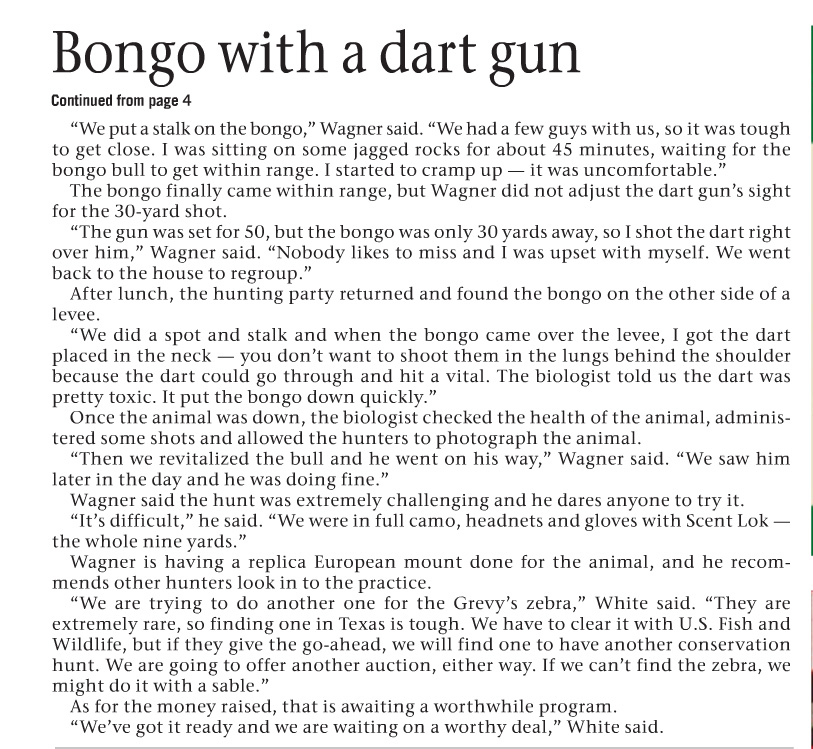 Page 2 - Catch & Release Conservation Bongo Hunt news article published in the LoneStar Outdoor News Volume 11 Issue 20 on June 12, 2015